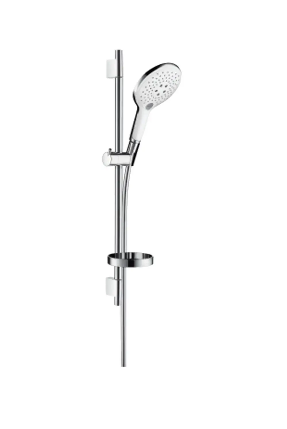Hansgrohe Brauseset mit verstellbarer Brausestange und Halterung, ausgestattet mit einer Seifenschale, in einer Kombination aus Weiß und Chrom.